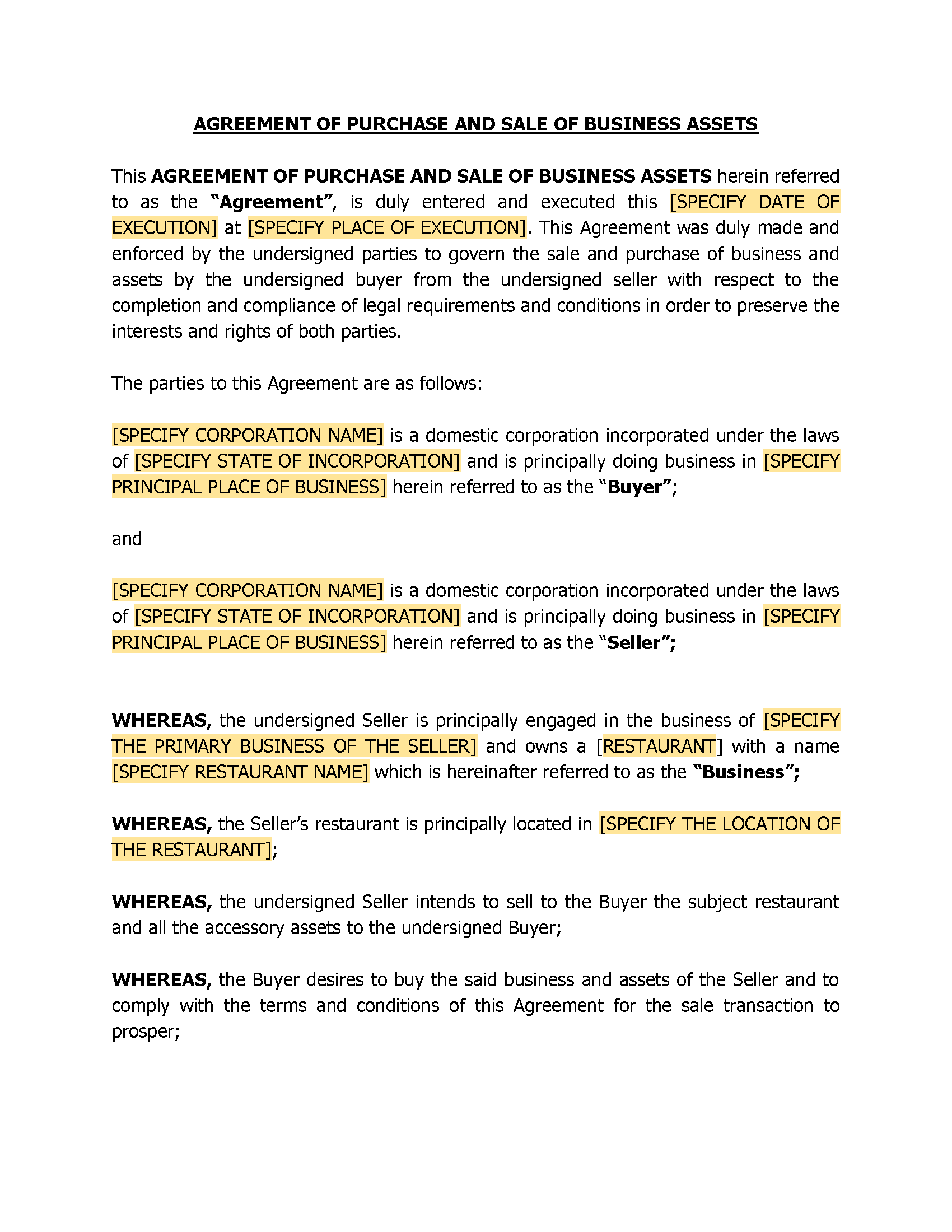 Agreement Of Purchase And Sale Of Business Assets